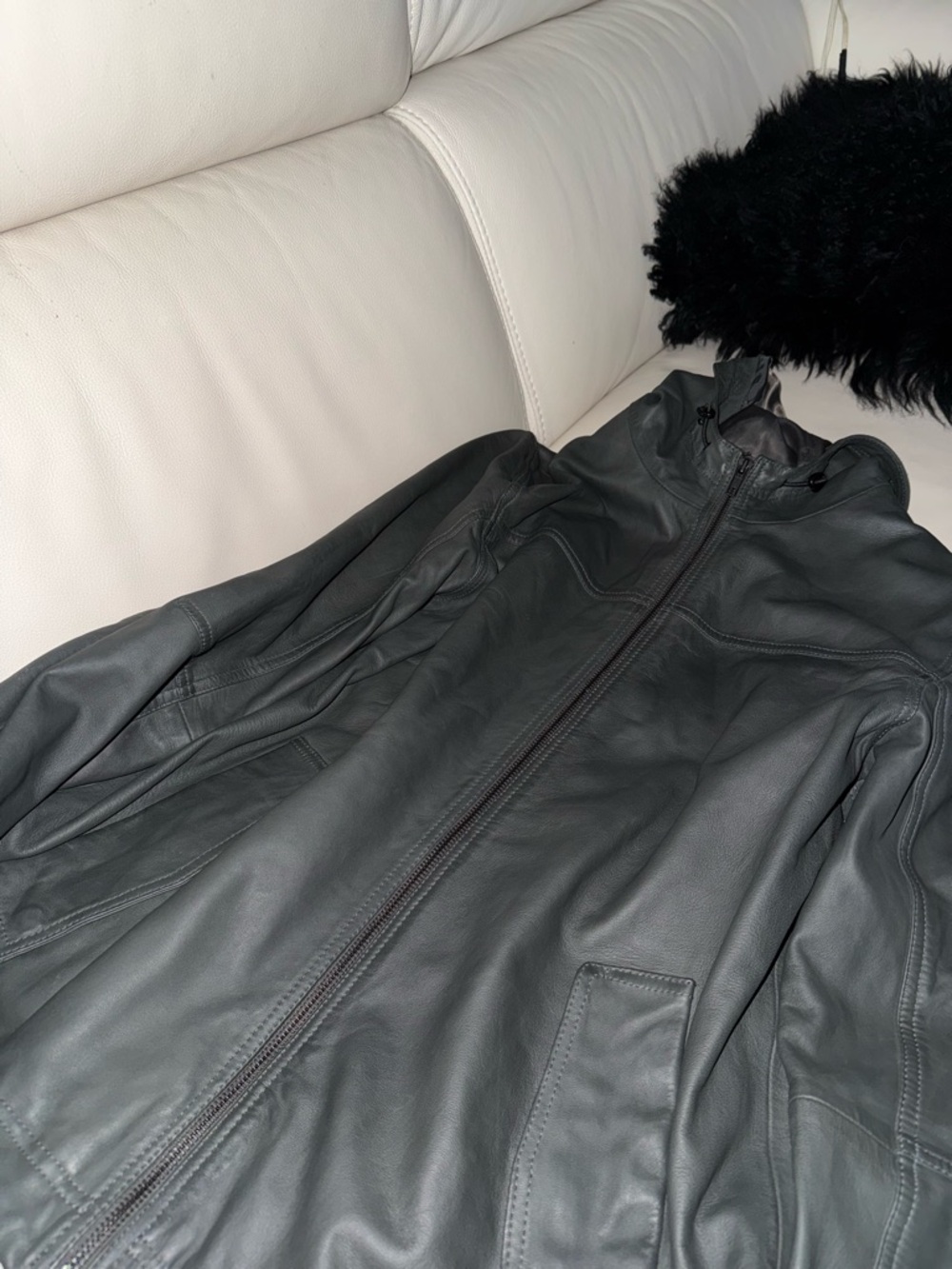 Women's Hooded Bomber Leather Jacket -Stone Grey - Picture 3 of 7